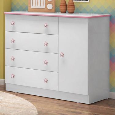 Imagem de Cômoda Infantil Doce Sonho 1 Porta 4 Gaveta Branco/Rosa - Qmovi