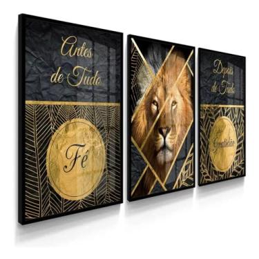 Imagem de Kit 3 Quadros Sala Leão Luxo Judá Folhas Dourado Fé