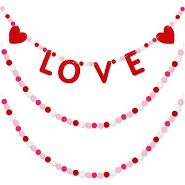 Imagem de Whaline 3 peças de banner de feltro para o dia dos namorados AMOR coração pompom bandeira vermelha branca rosa pompom bola guirlanda decorativa romântica pendurada para o dia dos amantes decoração de parede de casa suprimentos de festa, 2,2 m