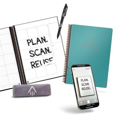Imagem de Rocketbook Planejador diário reutilizável – planejador diário, semanal, mensal com caneta de fixação piloto e pano de microfibra incluídos – capa azul-petróleo, tamanho executivo
