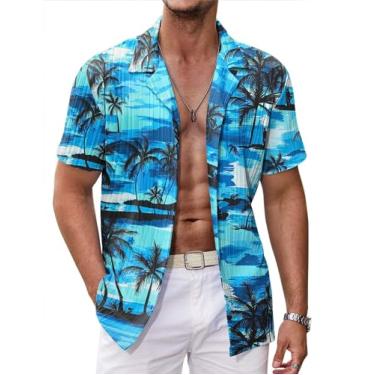 Imagem de COOFANDY Camisas casuais masculinas de manga curta camisas de botão moda texturizada verão praia camisa, Palmeira azul, M
