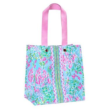 Imagem de Lilly Pulitzer Bolsa de compras rosa e azul, sacola reutilizável com alças de ombro confortáveis, melhor peixe