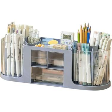 Imagem de Organizador de mesa giratório duplo com 3 gavetas, porta-lápis de mesa, estojo de exibição de cosméticos de grande capacidade, porta-canetas duplas mais resultados, (azul)