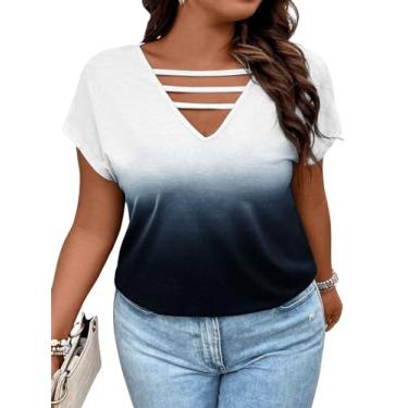 Imagem de SOLY HUX Camiseta feminina plus size, gola V, recortada, manga curta, gradiente, verão, Ombre multicolorido, 4G Plus Size