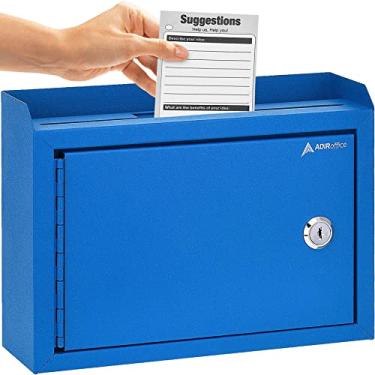 Imagem de SAFEAdir Corp Caixa de Sugestões com Slot e Cadeado – Caixa suspensa com cadeado, caixa de dinheiro – Caixa de doação de 24 x 19 x 8 cm – Caixa de depósito de metal (azul)