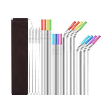 Imagem de Baoblaze 16 peças de palha de metal, canudos bebendo de aço inoxidável, canudos bebendo longos e reutilizáveis para copos, coquetéis, milkshake, argento