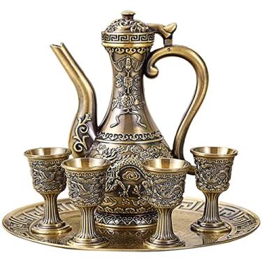 Imagem de Conjunto vintage de bule de café turco e xícaras, conjunto de bule de chá, incluindo 4 xícaras de metal e bandeja de chá para decoração de mesa de chá, enfeite de casamento (Bronze)