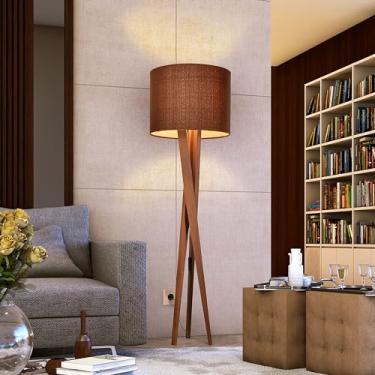 Imagem de Luminaria Chão Abajur Pes De Madeira Tripe Madeira Retrô Luxo Cúpula Tecido Marrom