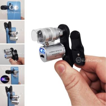 Imagem de Mini Microscópio Lupa Clip P/ Celular Lente Zoom 60x Com 2 Led Branco 