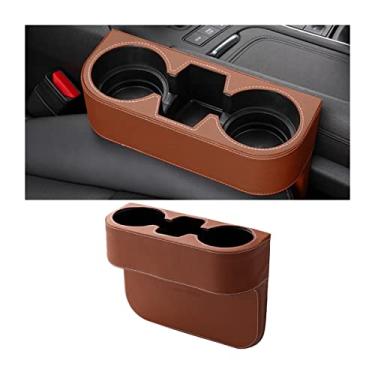 Imagem de AICEL Suporte de copo de carro com suporte de telefone, capa de couro para console de bolso lateral, organizador de bebidas interior com espaço para assento dianteiro automático, acessórios multifuncionais, armazenamento de moedas, bebidas, chaveiro, carteira, óculos de sol (marrom)