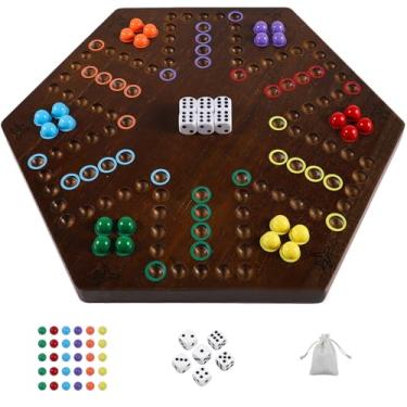 Imagem de HOROW Wahoo Board Game Wooden Original Aggravation Board Game Classic 2 Side Painted Fast Track Game for 4 Player and 6 Player with 30 Marbles,6 Dices for Family Game Night(Log)