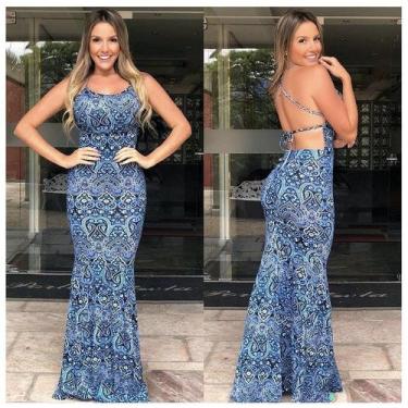 Imagem de Vestido Longo Sereia Drapeado No Bumbum Cruzado - innvistamoda, G, Azu