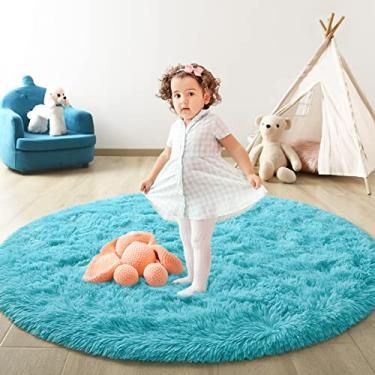 Imagem de FlyDOIT Tapete redondo azul para quarto, tapete super fofo para berçário, tapete peludo de 1,2 m x 1,2 m para quarto de crianças, tapete felpudo fofo e macio para decoração de casa para meninas, tapete felpudo para dormitório
