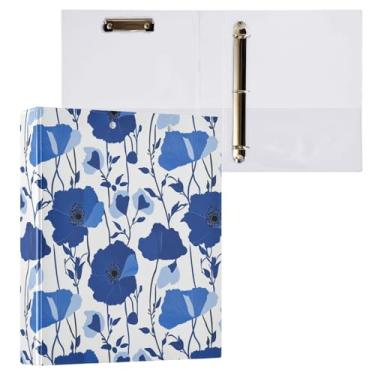 Imagem de Fichário de 3 anéis de flores de papoula azul cobalto e branco, fichário decorativo de 3,8 cm com prancheta e 3 bolsos transparentes, comporta 200 folhas de papel tamanho A4 fichários à prova d'água