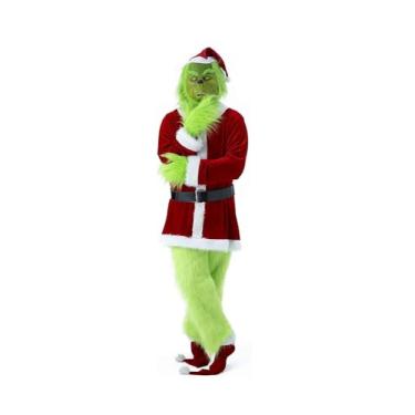 Imagem de Afoxsos 7PCS Christmas Green Monster Costume - Adult Santa Suit Set Santa Claus Outfit (Including Mask) - X-Large