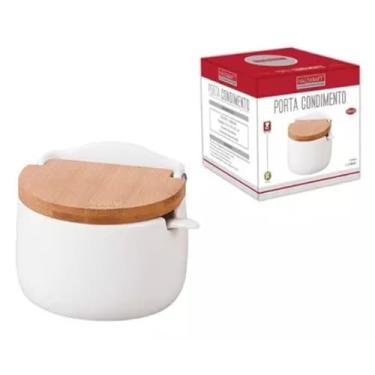 Imagem de Saleiro Porcelana de Mesa com Tampa de Bambu (Porta Temperos Condimentos Açucareiro)