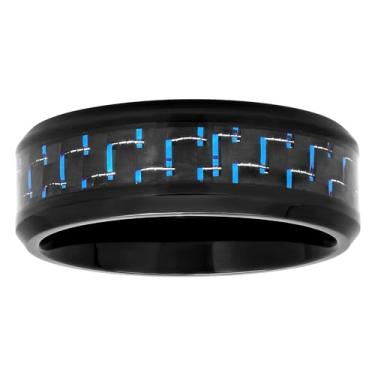 Imagem de Aliança de casamento masculina preta 8 mm de aço inoxidável com incrustação de fibra de carbono azul moderna e ousada para ele com vários tamanhos de anel, Metal, Sem Pedra Preciosa