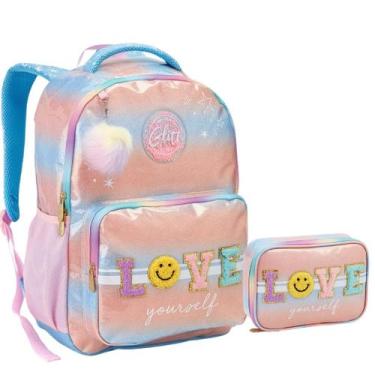 Imagem de Kit Mochila e Estojo Escolar Juvenil Patches Feminina - Seanite