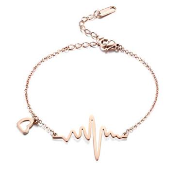 Imagem de ELBLUVF Pulseira ajustável com eletrocardiograma de aço inoxidável banhado a ouro rosa 18 k para mulheres, 3 cores, 6.5 inches, Metal