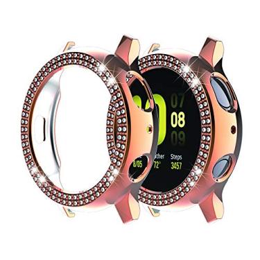 Imagem de Compatível com Galaxy Watch Active 2 40 mm e 44 mm, fileira dupla, diamante, revestimento de policarbonato, diamantes de cristal brilhante, moldura protetora rígida (ouro rosa, ativo 2 de 44 mm)