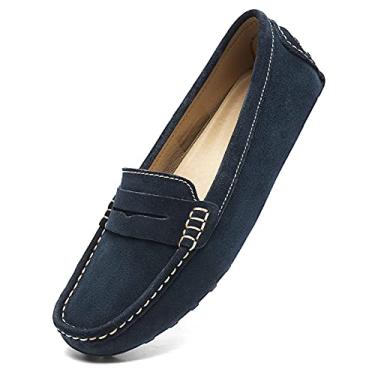 Imagem de Osslue Mocassim feminino de camurça, casual, estilo penny, retrô, mocassins para dirigir mocs confortável, sem cadarço, moderno, sapatilha clássica, Azul marino, 10