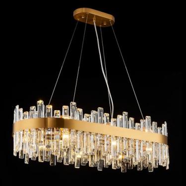 Imagem de chandiry Lustres De Cristal Retangulares, L35,4 Polegadas, 16 Luzes, Luminária De Lustre De Latão Dourado, Luz Oval Retangular Ajustável Em Altura Para Sala De Jantar, Ilha De Cozinha