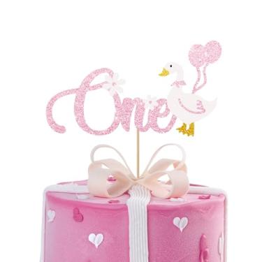 Imagem de Topo de bolo One Silly Goose Gose, topo de bolo de 1º aniversário de ganso, decoração de bolo de aniversário de fazenda Aanimal para bebê, decoração de festa de chá de bebê com tema de ganso rosa -