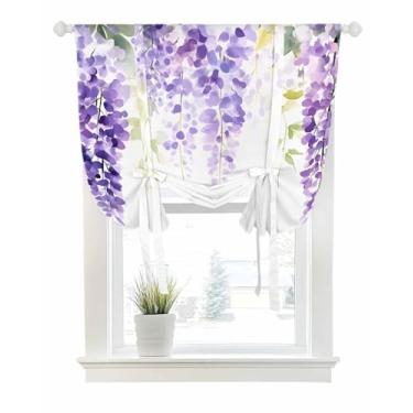 Imagem de Cortinas de amarrar para janelas country roxo Wisteria bolso haste amarração persiana balão ajustável saia casa de fazenda pastoral redemoinho flor para quarto, cozinha, banheiro, persianas, 86 x 114