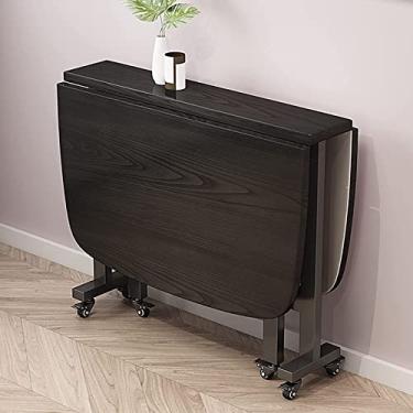 Imagem de Mesa de jantar dobrável, mesa dobrável de folhas caídas, mesa de jantar extensível de madeira com 6 rodas, economia de espaço, design de borda redonda, mesa de cozinha móvel para sala de estar, sala