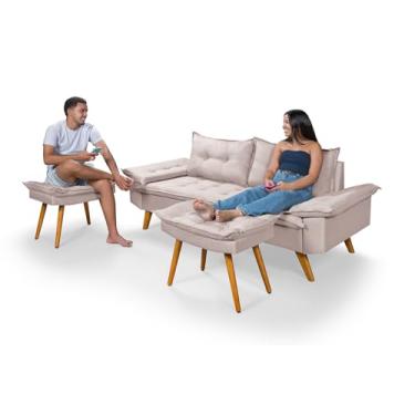 Imagem de Sofá Bariloche 3 Lugares com 2 Banquetas, Tecido Linho, 2 Metros Essencial Estofados (Champagne)