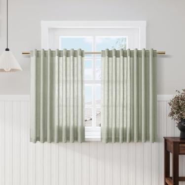 Imagem de Cortinas de café verde sálvia para cozinha, 113 cm de comprimento, conjunto de 2 painéis, bolso traseiro, varão, semitransparente, filtro de luz, cortina curta Farmhosue para janela de porão,