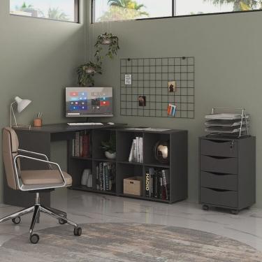 Imagem de Kit 2 Peças com Escrivaninha em L 8 Nichos e Gaveteiro Bit Organizador 4 Gavetas com Chave