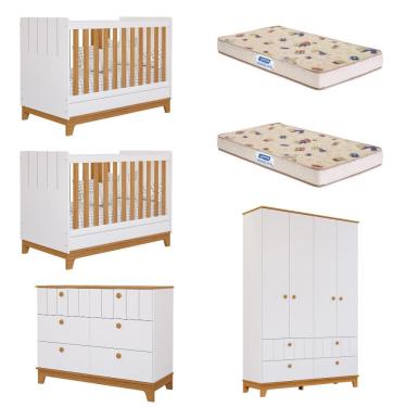 Imagem de Quarto Bebê Gêmeos com 2 Berços Mini Cama Cômoda e Guarda Roupa Liza e 2 Colchões Gazin Permobili