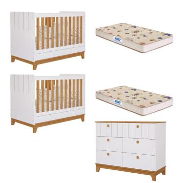 Imagem de Quarto Bebê Gêmeos Berço Mini Cama  Cômoda 6 gavetas Liza e 2 Colchões Gazin Permobili