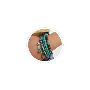 Imagem de LKingel Pulseiras femininas estilo faroeste turquesa boêmia, vintage, empilhável, turquesa, rústico, com contas e cabeça de vaca, pulseira elástica rústica ocidental, acessórios de bijuteria, Large