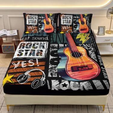 Imagem de AILONEN Jogo de lençol casal infantil com tema de música graffiti para meninos e meninas, rock star guitarra, lençol com elástico com 2 fronhas, 3 peças