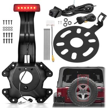 Imagem de Suporte de pneu sobressalente e kit de câmera traseira de carro compatível com Jeep Wrangler JK 2007-2018, suporte de suporte de pneu com parafusos e luz de freio de montagem alta no terceiro centro