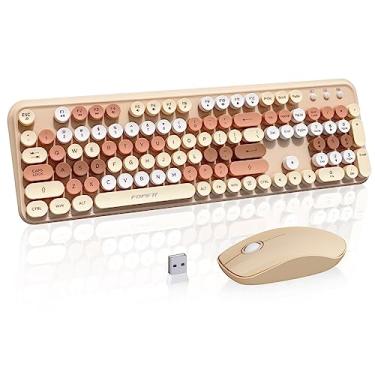 Imagem de Teclado e mouse sem fio, combo de mouse sem fio retrô fofo com chave redonda, conexão sem desistência de 2,4 GHz, conjunto de mouse de teclado sem fio para PC, laptop, computador, marrom, colorido