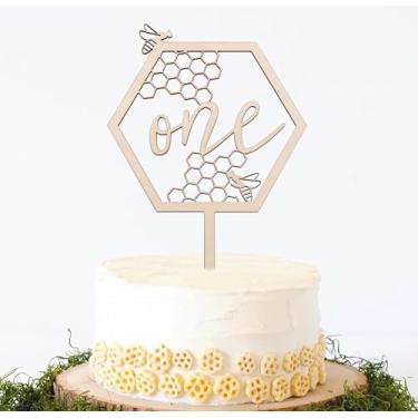 Imagem de Bumble Bee One Birthday Wooden Cake Topper - Bee Themed 1st Cake Topper, Wooden Honeycomb Bee First Birthday Baby Shower Cake Topper, Gender Reveal Decorations