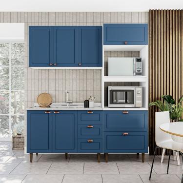 Imagem de Cozinha Pérola Completa 3 Peças Aéreo 3 Portas E Balcão 2 Gavetas 3 Portas E Torre Quente Yescasa Branco-azul