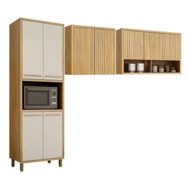 Imagem de Conjunto De Cozinha Armário Paneleiro 4 Portas Com Nicho E 2 Armários Aéreo Ripado Torino Cinamomo-off White