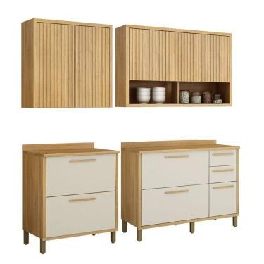 Imagem de Conjunto De Cozinha 2 Armários Aéreo Ripado E 2 Balcões Torino Cinamomo-off White