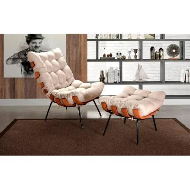 Imagem de Poltrona Costela De Adão Com Puff Tecido Linho Off White