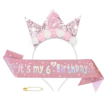 Imagem de Rimoev 6th Birthday Decorations for Girls, Birthday Girl Headband & Sparkly Sash Set for 6 Year Old, Handmade Flower Princess Crown Headband, Glitter Pearl Hair Band for 6 Year Olds (Pink)