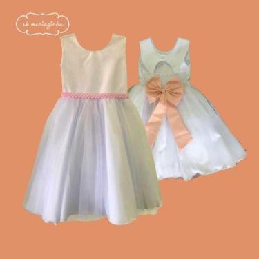 Imagem de Vestido Infantil Longo Branco com Tule e Cinto Nude Pessêgo Daminha Ca