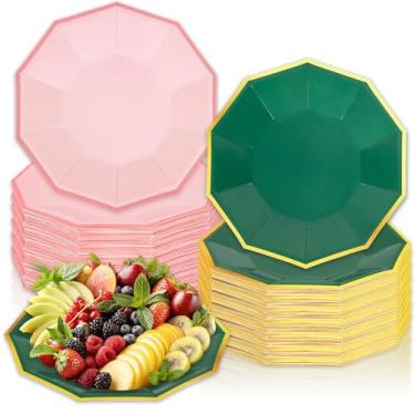 Imagem de FYSUIMU 50 peças de pratos de papel rosa e verde com tema de princesa de bruxa, prato descartável, prato de jantar decagonal, para decoração de mesa de aniversário, chá de bebê, festa