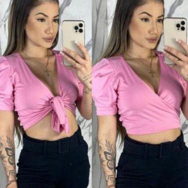 Imagem de cropped feminino manga curta bufante multiformas - Filó Modas, p, Verd