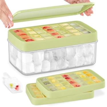 Imagem de Bandeja para cubos de gelo com tampa e lixeira, bandejas de gelo para freezer com 2 bandejas, molde quadrado empilhável de fácil liberação, bandeja de gelo com recipiente de armazenamento para bebidas