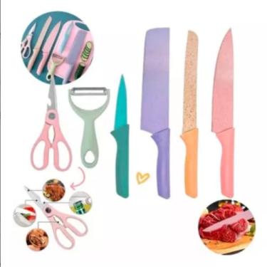 Imagem de Conjunto Jogo Facas Coloridas 6 Peças Inox Kit Culinário Faqueiro Cozinha Churrasco Descascador Tesoura Multifuncional Gourmet Design Premium