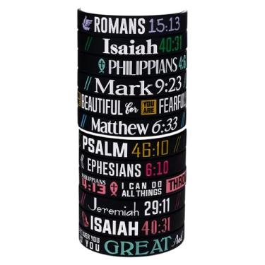 Imagem de Pulseiras de silicone da Bíblia Cristã ODIEA: Conjunto de 12 peças de pulseiras de borracha religiosas com escrituras bíblicas de Jesus para homens e mulheres